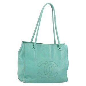CHANEL Tote Bag Lamb Skin Turquoise Blue CC